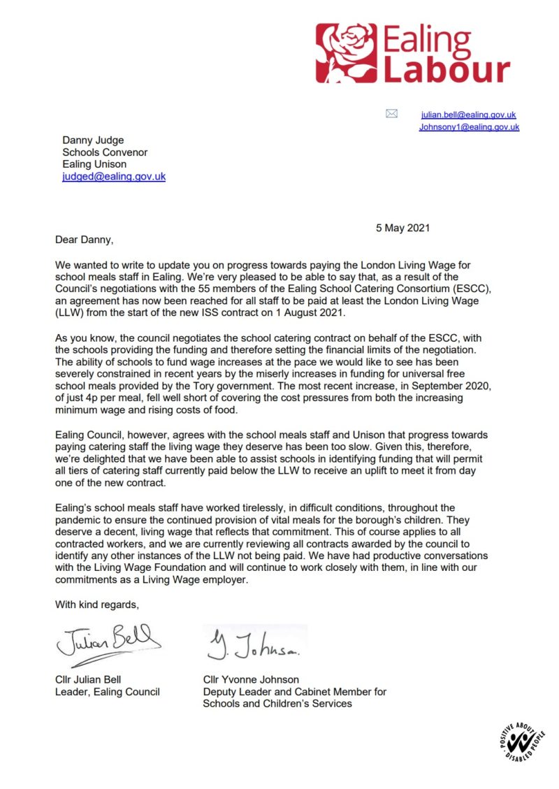 Letter to UNISON confirming Ealing school catering staff will be paid LLW from 1st August